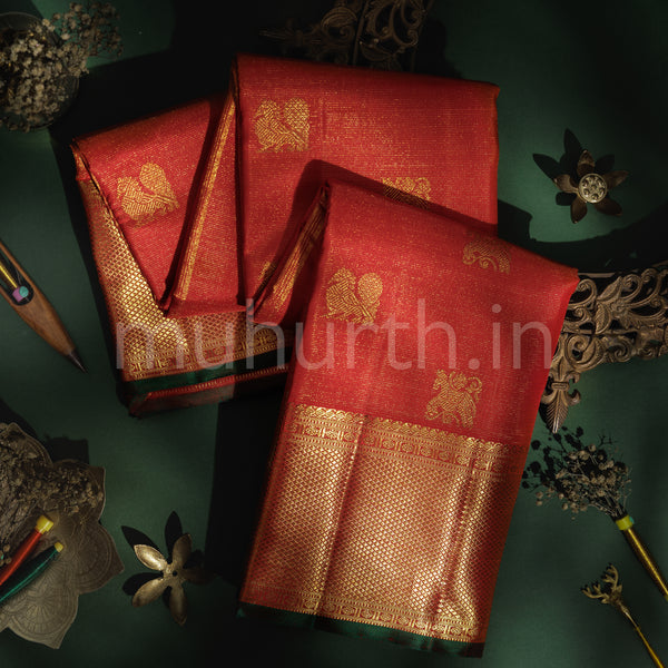 Bright Red Vaira Oosi Pure Kanjivaram Silk Saree