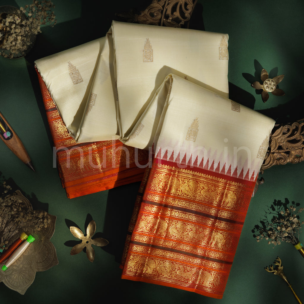 Sandal Pure Zari Kanjivaram Silk Saree with Rose Orange