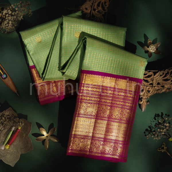 Light Elaichi Pure Kanjivaram Silk Saree with Magenta