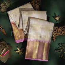 Load image into Gallery viewer, Off - White Veldhari Pure Kanjivaram Silk Saree with Pink