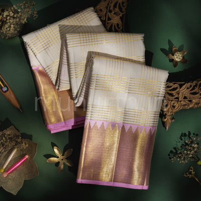 Off - White Veldhari Pure Kanjivaram Silk Saree with Pink