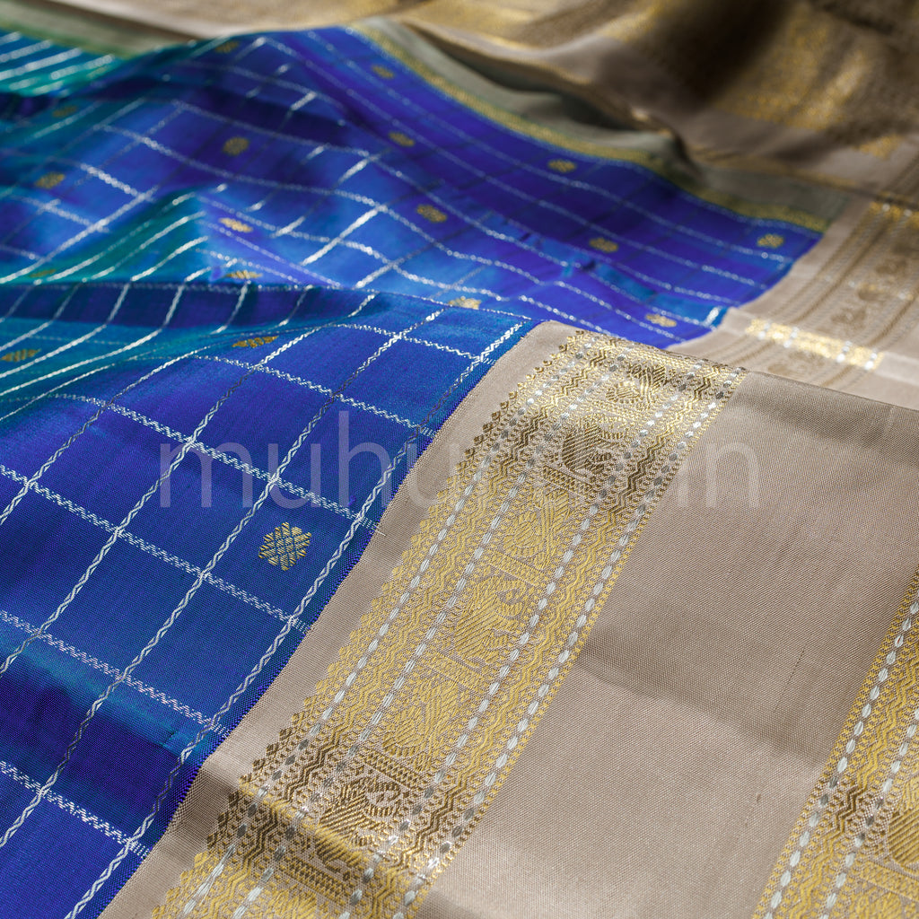 Peacock Blue Veldhari Pure Zari Kanjivaram Silk Saree with Faun