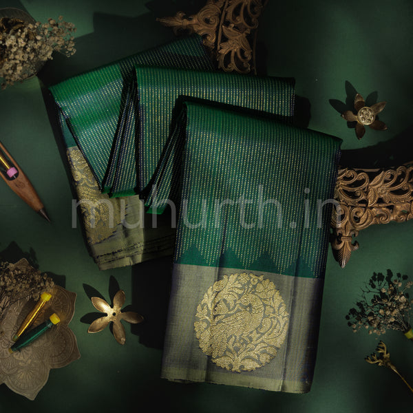 Deep Green Kanjivaram Silk Saree with Elaichi