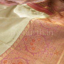Load image into Gallery viewer, Tussar White Half Tissue Pure Kanjivaram Silk Saree with Peach