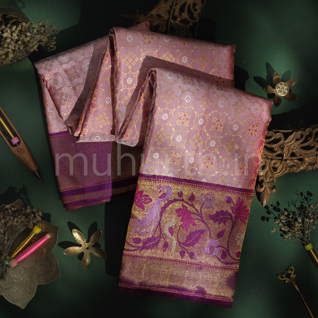 Pastel Pink Pure Kanjivaram Silk Saree with Meenakshi