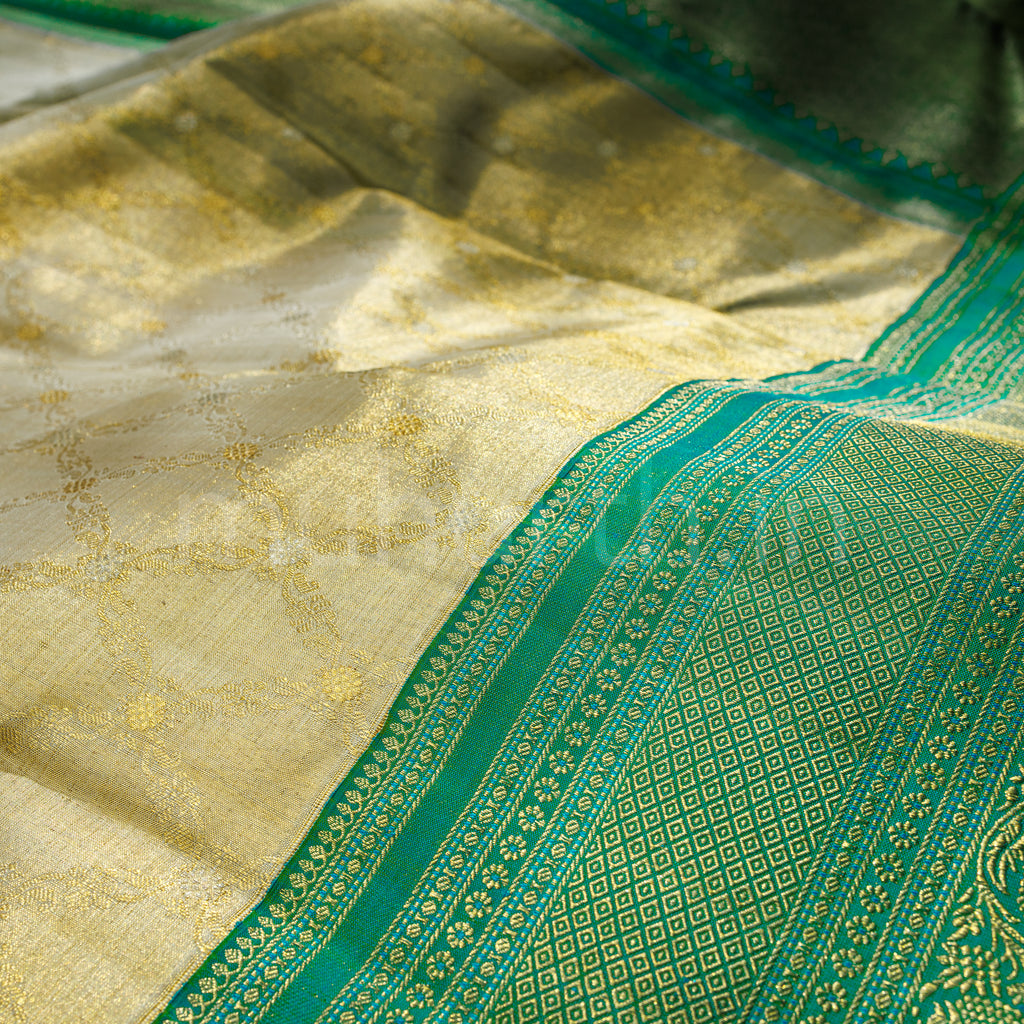 Off-White Organza Tissue Pure Kanjivaram Silk Saree with Sea Green