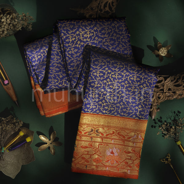 Violet Pure Kanjivaram Silk Saree with Bright Red