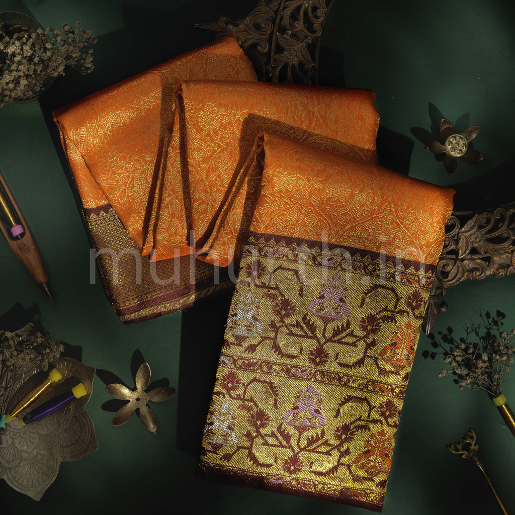 Orange Meenakari Pure Kanjivaram Silk Saree with Pakku