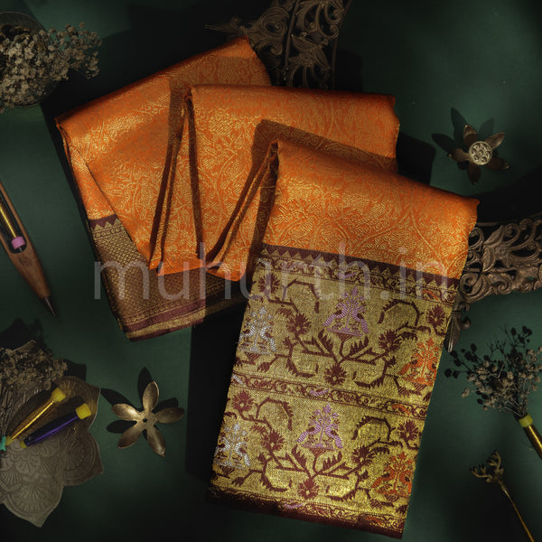 Orange Meenakari Pure Kanjivaram Silk Saree with Pakku