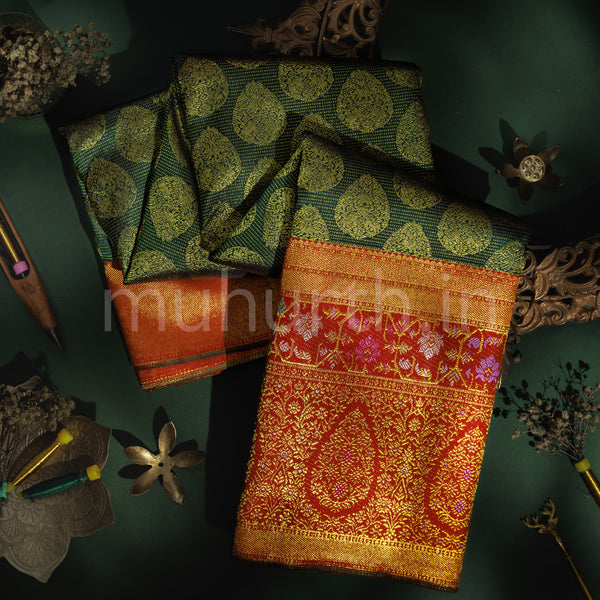 Green Pure Kanjivaram Silk Saree with Bright Red