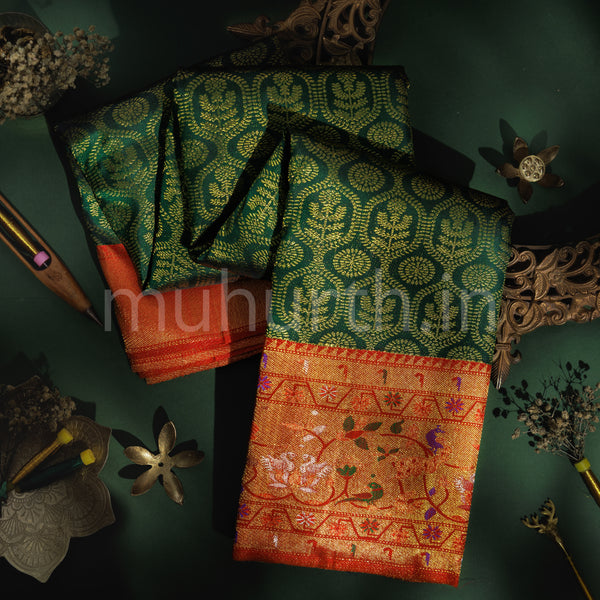 Green Pure Kanjivaram Silk Saree with Bright Red