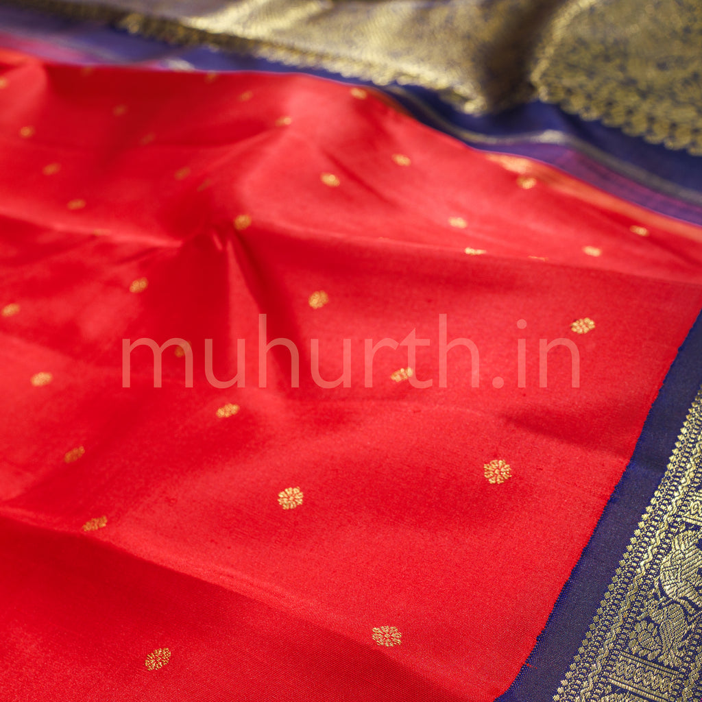 Bright Red Pure Zari Kanjivaram Silk Saree with Vijaya