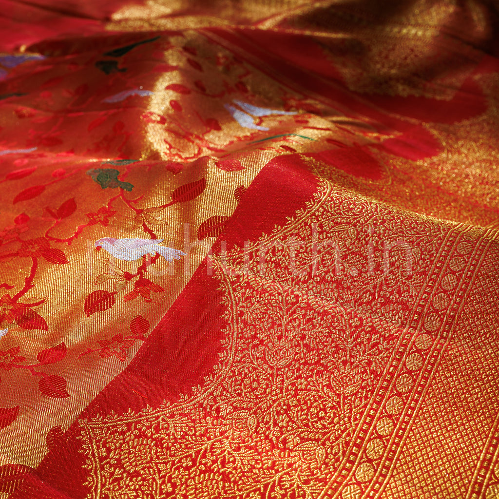 Bright Red Luxury Meenakari Pure Kanjivaram Silk Saree
