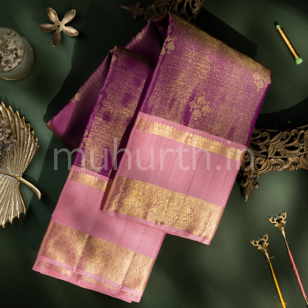 Magenta Vaira-Oosi Kanjivaram Silk Saree with Pink