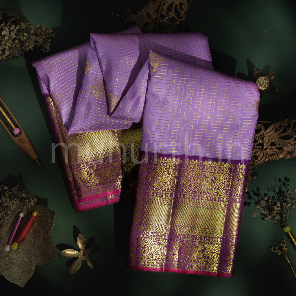 Lavender Pure Kanjivaram Silk Saree with Meenakshi Violet