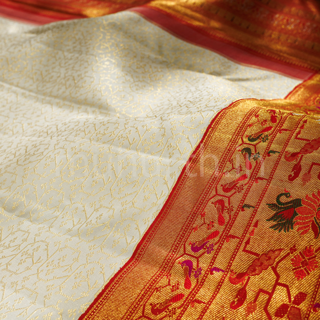 Off-White Pure Kanjivaram Silk Saree with Bright Red