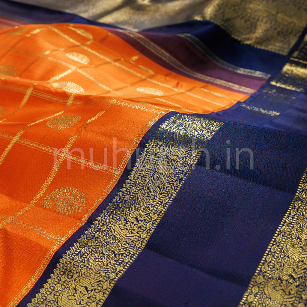 Orange Pure Zari Kanjivaram Silk Saree with Vijaya