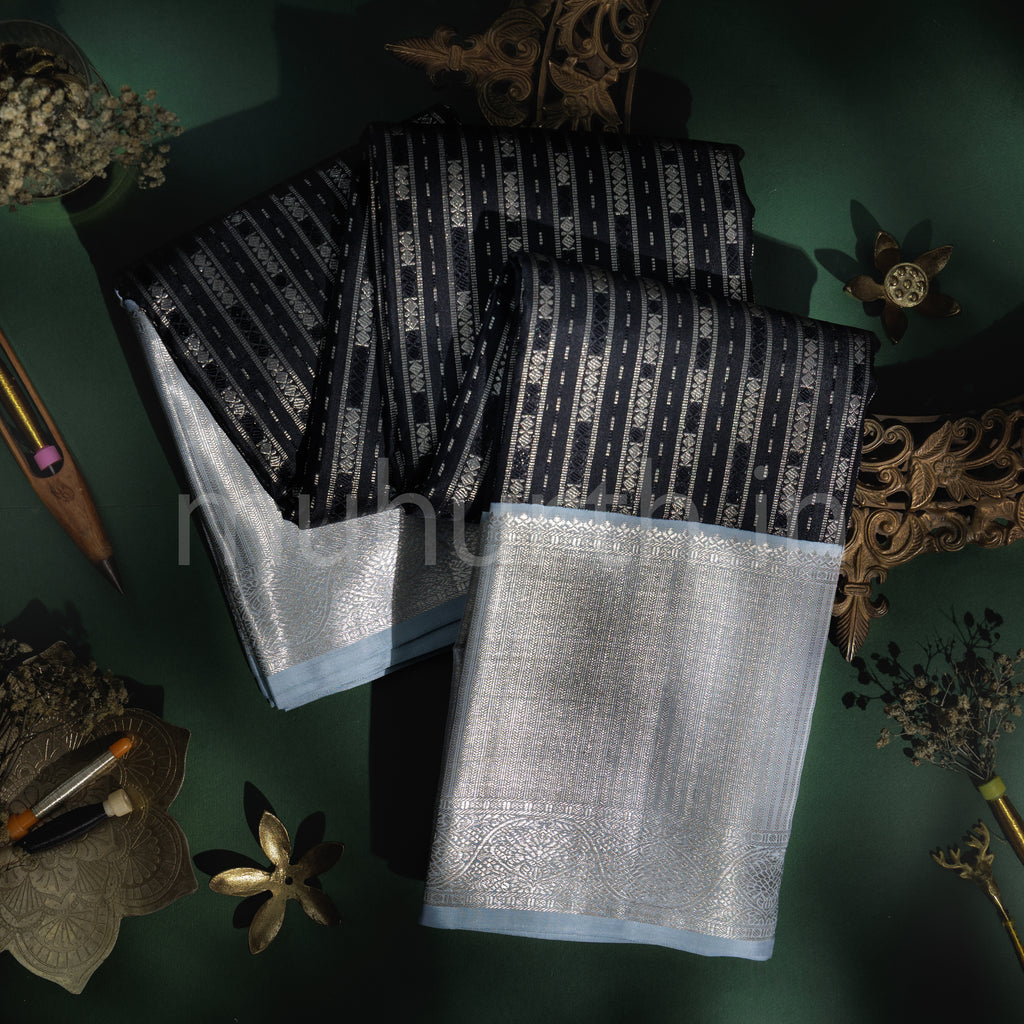 Black Pure Kanjivaram Silk Saree with Silver Grey