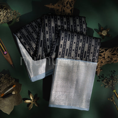 Black Pure Kanjivaram Silk Saree with Silver Grey