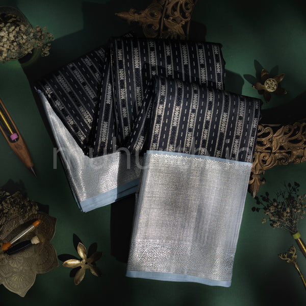 Black Pure Kanjivaram Silk Saree with Silver Grey