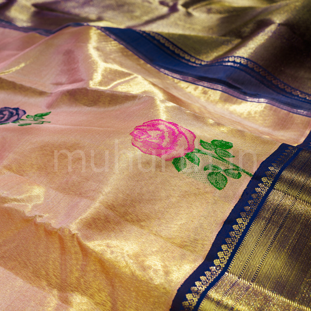 Peach Organza Pure Kanjivaram Silk Saree with Meenakshi