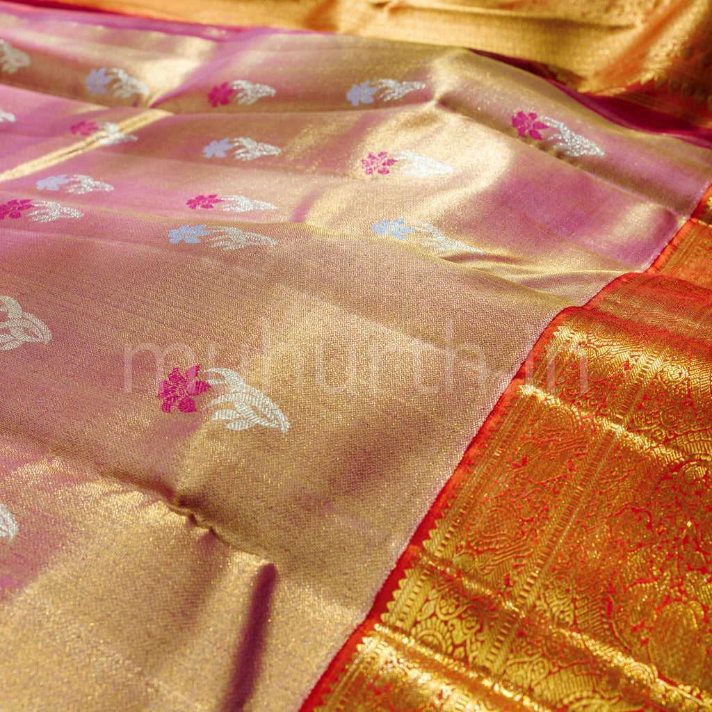 Pink Luxury Organza Tissue Pure Kanjivaram Silk Saree with Red Orange