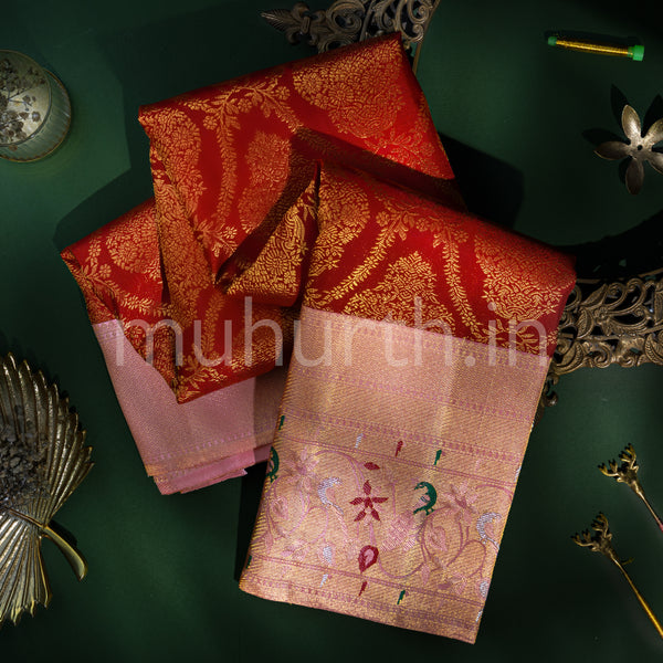 Red Meenakari Kanjivaram Silk Saree with Peach