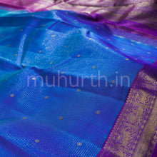 Load image into Gallery viewer, Peacock Blue Vaira Oosi Pure Zari Kanjivaram Silk Saree with Magenta