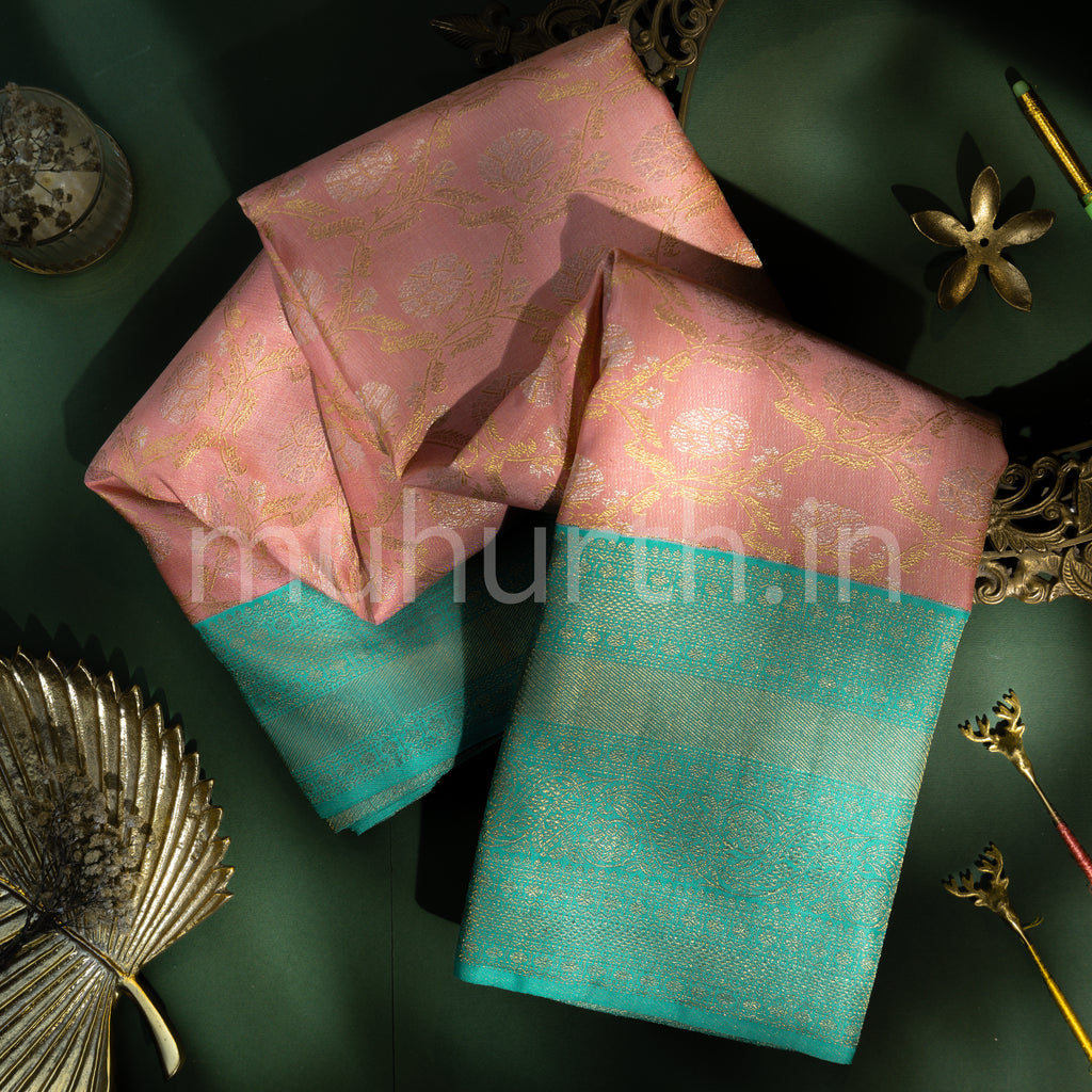 Peach Kanjivaram Silk Saree with Ananda Blue