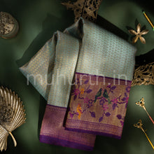 Load image into Gallery viewer, Sage Green Meenakari Kanjivaram Silk Saree with Magenta