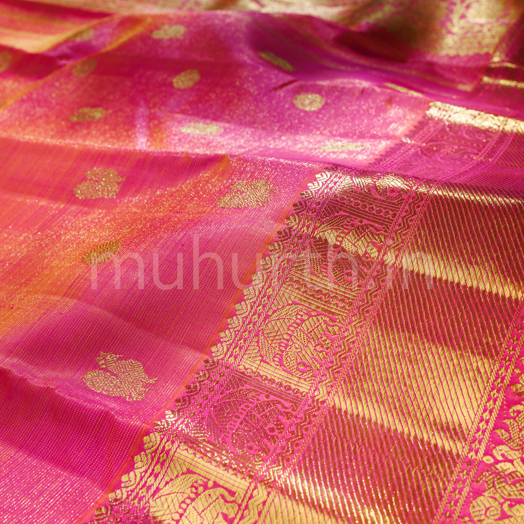 Orange Candy Pink Vaira Oosi Pure Kanjivaram Silk Saree