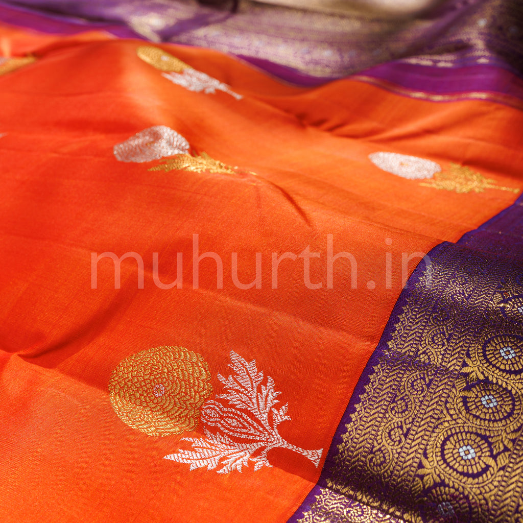 Orange Red Pure Kanjivaram Silk Saree with Dark Meenakshi