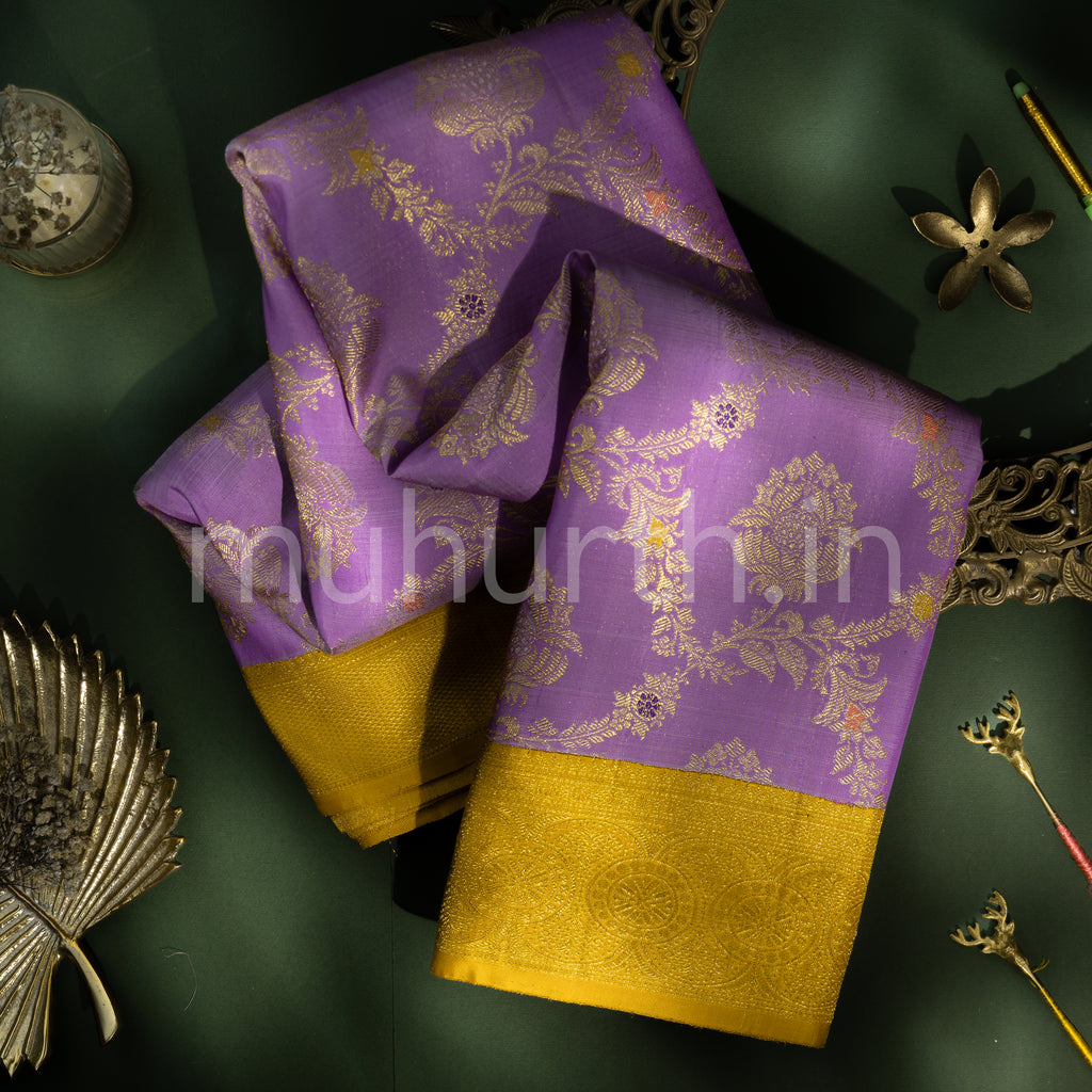 Lavender Meenakari Kanjivaram Silk Saree with Mustard Yellow