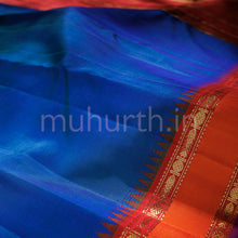 Load image into Gallery viewer, Peacock Blue Pure Zari Kanjivaram Silk Saree with Red Orange