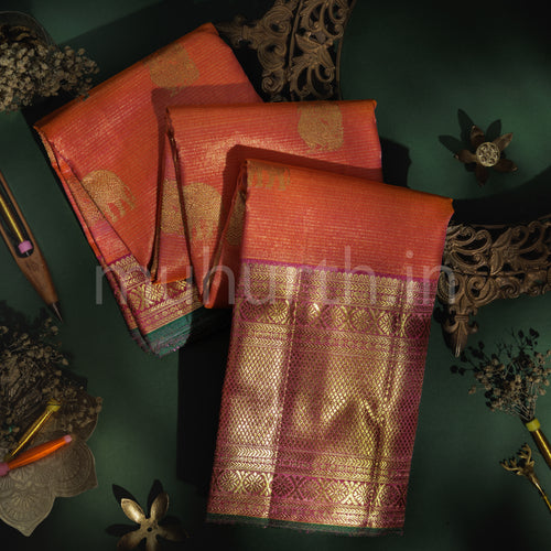 Salmon Orange Vaira Oosi Pure Kanjivaram Silk Saree with Pink