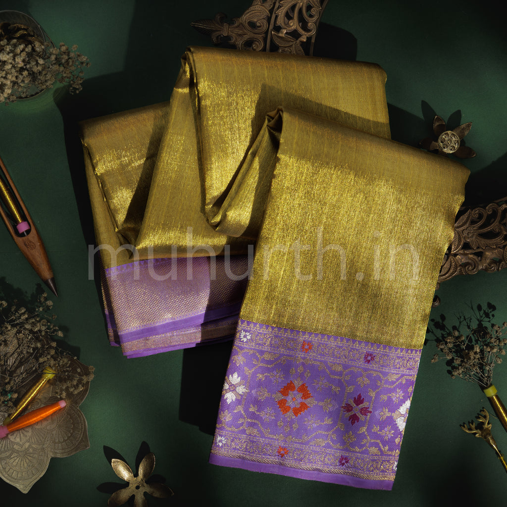 Light Elaichi Tissue Organza Pure Kanjivaram Silk Saree with Lavender