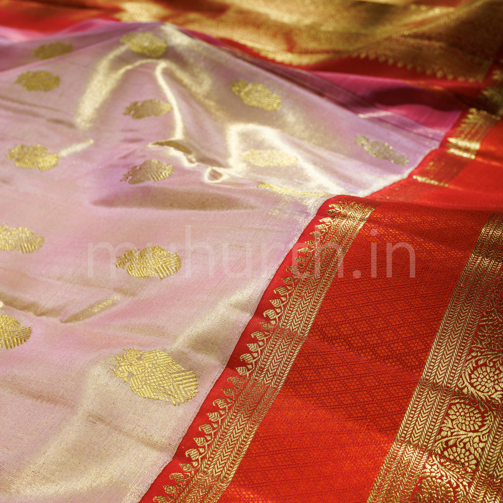 Pink Organza Tissue Pure Kanjivaram Silk Saree with Tomato Red