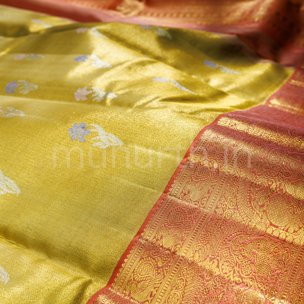 Mustard Luxury Organza Tissue Pure Kanjivaram Silk Saree with Light Orange