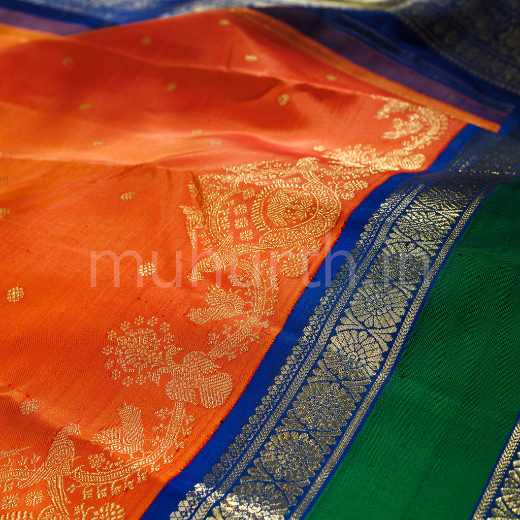 Orange Pure Zari Kanjivaram Silk Saree with Violet