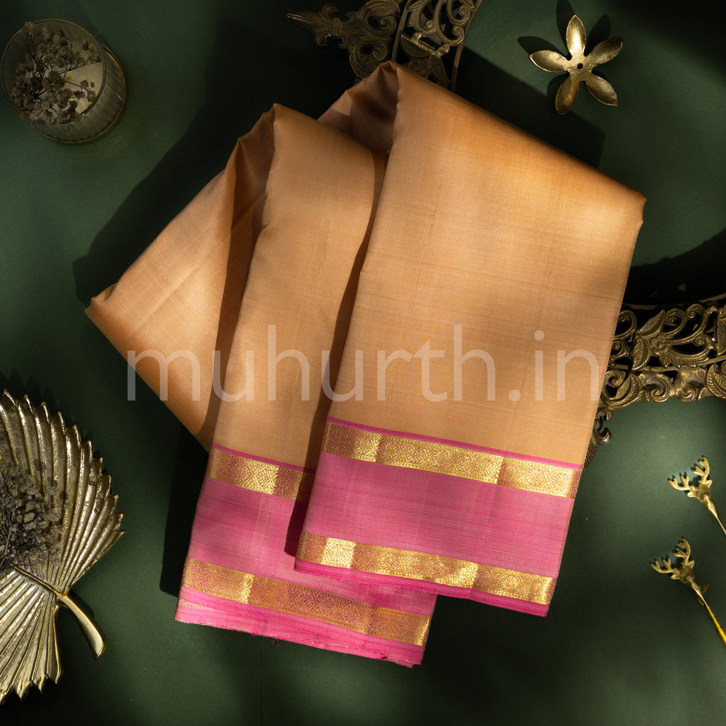 Biscuit Grown Kanjivaram Silk Saree with Pink