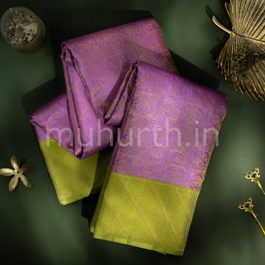 Lilac Kanjivaram Silk Saree with Tiratchai Green