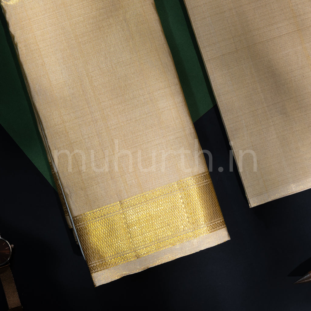 Premium Off-White Tissue Pure Silk Dhoti with Angavastram