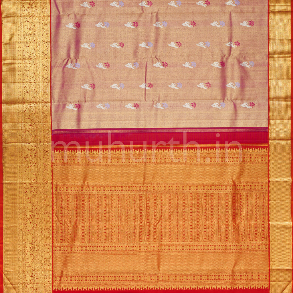 Pink Luxury Organza Tissue Pure Kanjivaram Silk Saree with Red Orange