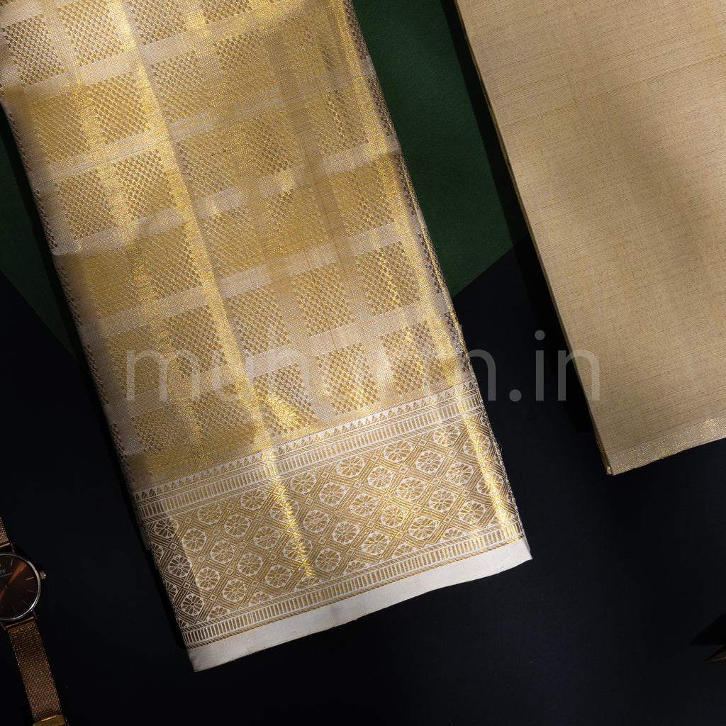 Premium Off-White Tissue Pure Silk Dhoti with Angavastram