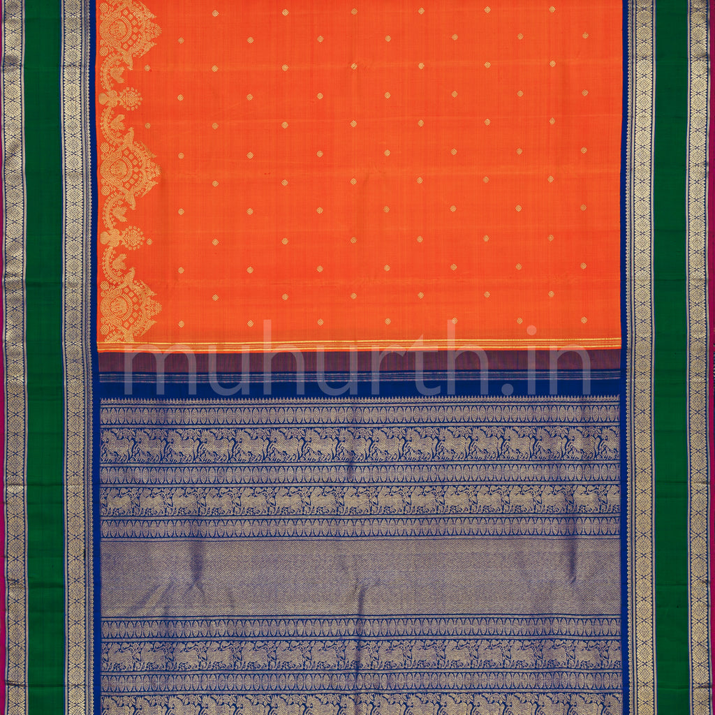 Orange Pure Zari Kanjivaram Silk Saree with Violet