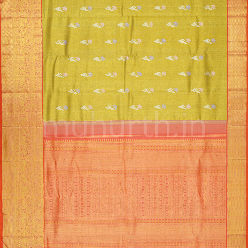 Mustard Luxury Organza Tissue Pure Kanjivaram Silk Saree with Light Orange