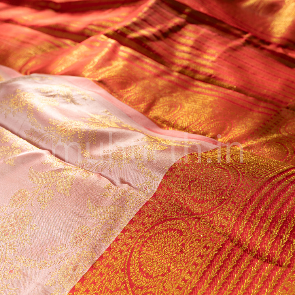 Pastel Pink Kanjivaram Silk Saree with Red