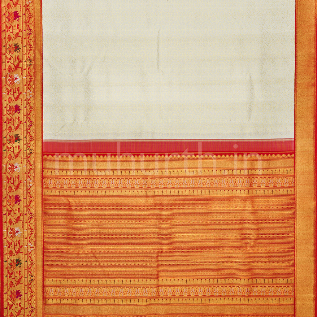 Off-White Pure Kanjivaram Silk Saree with Bright Red