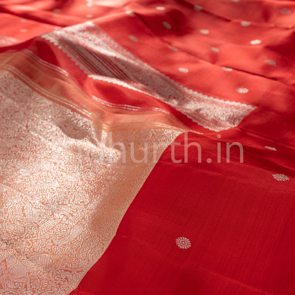 Light Orange Kanjivaram Silk Saree with Red