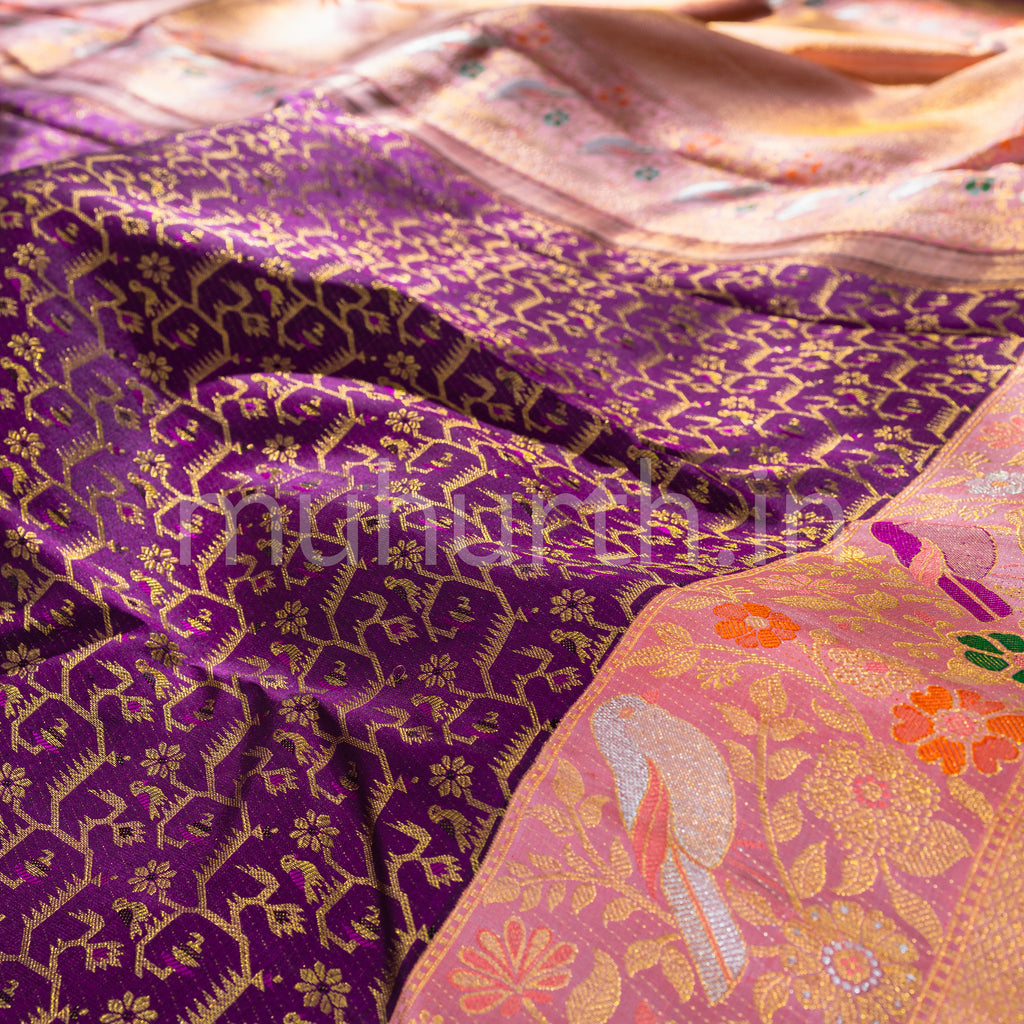 Magenta Meenakari Kanjivaram Silk Saree with Peach